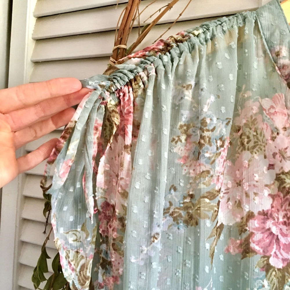 {Belle & Sky}Teal Floral Button Down HiLo Tank Top - Picture 6 of 8